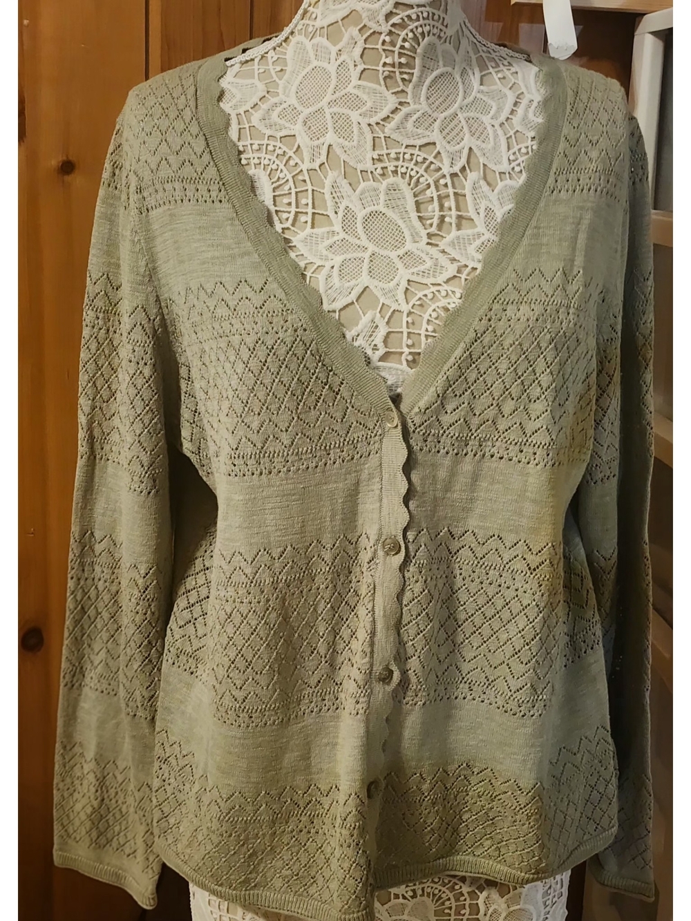 Frye Sage Green Pointelle Open Work Scalloped Edge V-Neck Cardigan